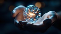 Glowing magical sphere with sparkles floating above open palm against dark background with bokeh lights creates mystical atmosphere.