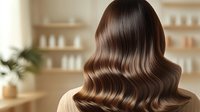 Luxurious brunette wavy hair from behind in a salon setting, showcasing professional styling and healthy shine for beauty advertising.