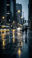 Rainy city street at dusk with wet pavement reflecting streetlights and blurred traffic in urban downtown district during evening rush hour.
