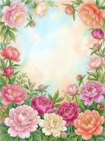 Watercolor peony flower frame border with pink coral blooms and green leaves on soft pastel background for wedding invitations and spring designs.