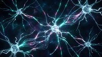 Glowing neural network with interconnected neurons firing electric signals in deep space, representing brain activity, neuroscience, and artificial intelligence concepts.