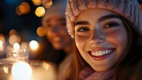 Young Caucasian woman wearing knit beanie smiling outdoors at night with warm bokeh lights and festive atmosphere creating magical winter holiday mood.