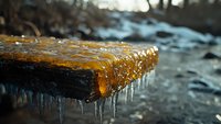 Frozen icicles hanging from wooden log covered in golden sunlight at sunset, dramatic winter nature close-up with blurred forest background.