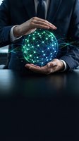 Businessman hands protecting glowing green digital network sphere with connected nodes representing global connectivity and data protection concepts.