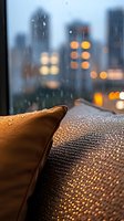 Cozy brown pillow and rain-covered window with blurred city lights in background creating atmospheric evening mood, perfect for lifestyle and urban content.
