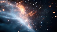 Cosmic explosion in deep space with glowing orange and blue nebula clouds, bright stars, and luminous particles creating dramatic celestial scenery.