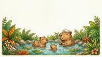 Hippopotamus family bathing in river surrounded by tropical plants and flowers, isolated on white background for design use.