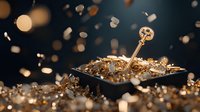 Golden key resting on pile of scattered keys in black box with magical bokeh lights and floating particles, creating mysterious atmosphere for security concept.