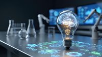 Light bulb with glowing brain filament on futuristic digital interface table representing artificial intelligence and innovative thinking in modern workspace.
