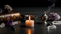 Mystical altar setup with burning candle, crystals, amethyst, quartz, vintage books, and incense burner for spiritual practices and meditation rituals.