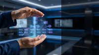 Businessman holding digital holographic cube with data icons and network connections in modern tech environment.