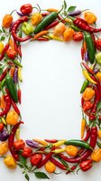 Colorful hot chili peppers frame border on white background with copy space for text, spicy cooking ingredients layout for culinary designs and recipes.