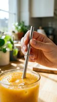 Hand holding stainless steel straw in glass of fresh orange juice on kitchen counter with plants and sunlight, beverage lifestyle.