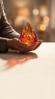 Person holding glowing amber flame sculpture in cupped hands against blurred warm background. Concept for energy, innovation, inspiration, sustainability, and business growth.