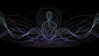 Meditation energy flow with glowing neon lines forming spiritual aura around seated figure on black background for wellness and mindfulness designs.
