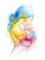 Watercolor silhouette of pregnant woman cradling belly in rainbow colors on white background. Maternity art for baby shower invitations and nursery decor.