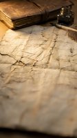 Vintage aged parchment map with antique leather-bound book and ink quill pen creating atmospheric historical writing scene for storytelling projects.