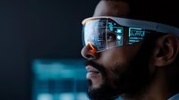 Young African American man wearing futuristic smart glasses with holographic display interface against dark background with blue technology visualization.