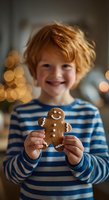 Smiling child with red hair in striped shirt holding homemade gingerbread man cookie against blurred festive lights background, capturing holiday joy.