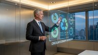 Senior Caucasian businessman in suit presenting circular economy dashboard with holographic interface in modern glass office overlooking city skyline.