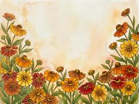 Autumn wildflower border frame with orange and yellow blooms on textured paper background for seasonal greeting cards and fall decorations.