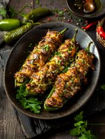 Stuffed jalapeno peppers with melted cheese and meat filling garnished with fresh herbs on dark ceramic plate, rustic wooden background with spices.