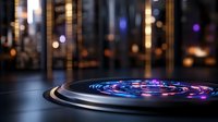 Futuristic glowing spiral pattern on dark surface with blurred city lights background creates modern technological atmosphere. Perfect for tech presentations.