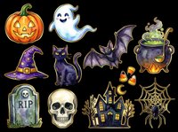 Spooky Halloween collection featuring jack-o-lantern, ghost, witch hat, black cat, bat, cauldron, gravestone, skull, haunted house, spider web, and candy corn isolated on transparent background. Ready for t-shirts, stickers, clipart, and print-on-demand designs.