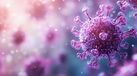 Microscopic view of virus cell in purple and pink tones against blurred background with bokeh effect, showing detailed spike protein structure and molecular surface.