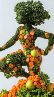 Creative female figure made from fresh kale leaves, carrots, apples and vegetables in dynamic pose against white background, representing healthy lifestyle.