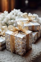 Elegant gift boxes wrapped in floral pattern paper with golden satin ribbons and bows arranged on textured surface, surrounded by white flowers for wedding or celebration.