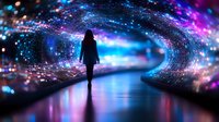 Silhouette of woman walking through cosmic tunnel with glowing blue and purple lights, sparkles and reflections creating magical atmosphere for fantasy designs.