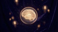 Glowing brain inside transparent sphere floating in dark space with golden light particles and neural network connections for AI technology concepts.
