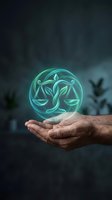 Glowing holographic justice scales symbol floating above cupped hands representing legal services, law firm branding, and attorney consultation concepts.