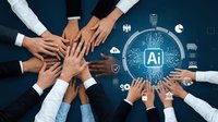 Business team hands together with AI artificial intelligence brain network icons representing collaborative technology innovation and teamwork.