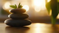 Balanced zen stones with green leaf on top against warm bokeh background, creating peaceful spa atmosphere for wellness and meditation concepts.