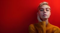 Young Caucasian woman with blonde hair and glasses wearing yellow turtleneck sweater against vibrant red background, dramatic studio lighting creates modern fashion portrait.