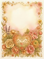 Vintage floral frame with ornate heart centerpiece, roses and decorative elements on textured background for romantic greeting cards and wedding invitations.
