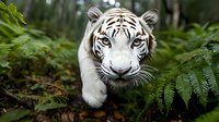 Rare white Bengal tiger with piercing blue eyes emerging from lush green ferns in natural habitat, showcasing majestic predator's intense gaze and striking features.