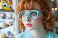 Young woman with bright ginger hair wearing retro turquoise glasses and mint sweater, bright red lipstick against blurred background with colorful toys and bokeh lights.