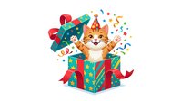 Ginger cat jumping out of colorful gift box with red bow, confetti and streamers on white background. Isolated clipart for greeting cards, invitations, t-shirts and party designs.