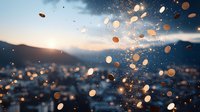Magical glowing particles floating in evening mountain air with blurred bokeh lights and sunset sky creating dreamy atmospheric scene.