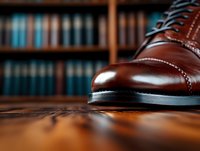 Brown leather oxford shoe with brogue detailsshelf background, showcasing luxury footwear craftsmanship and professional style.