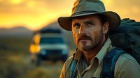 Bearded adventurer with backpack at sunset, wearing safari hat and exploring wilderness. Dramatic golden hour lighting creates atmospheric outdoor scene.