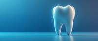Glowing white tooth on blue gradient background with soft lighting and reflection, dental care concept for dentistry and oral health promotion.