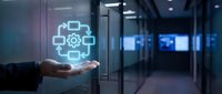 Business professional holding glowing digital network diagram in modern office corridor showcasing connectivity and technology integration solutions.