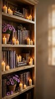 Cozy wooden bookshelf with vintage books, glowing candles and purple flowers creating warm atmospheric home library interior for relaxation and reading.