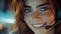 Young female customer service representative with freckles, bright blue eyes and radiant smile wearing headset against blurred background with warm lighting.