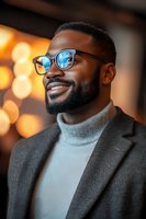 Confident African American businessman in glasses and turtleneck smiling warmly with bokeh lights background for corporate and professional content.