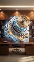 Futuristic holographic gear mechanism with glowing blue energy floating in modern office space representing innovation and technology advancement.